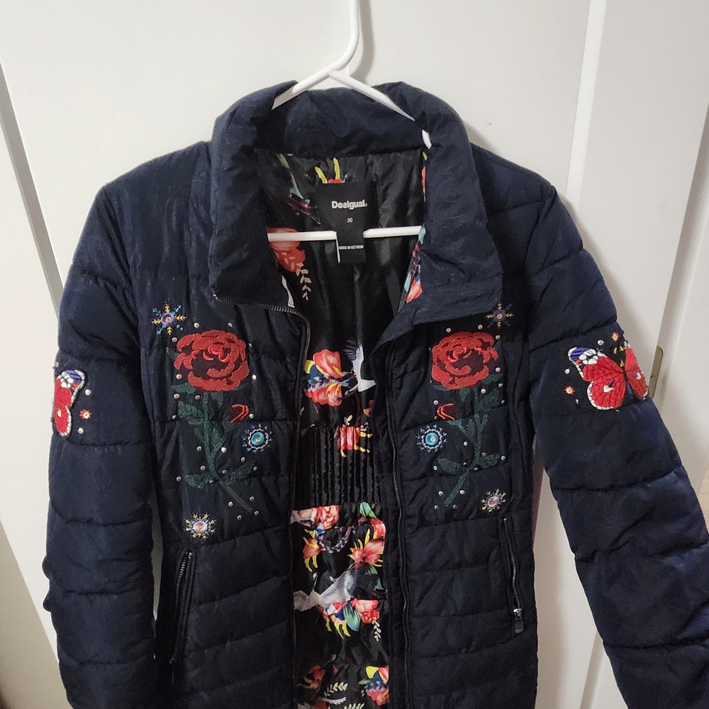 Desigual Navy Puffer Jacket with Red Rose Embroidery - Picture 4 of 11